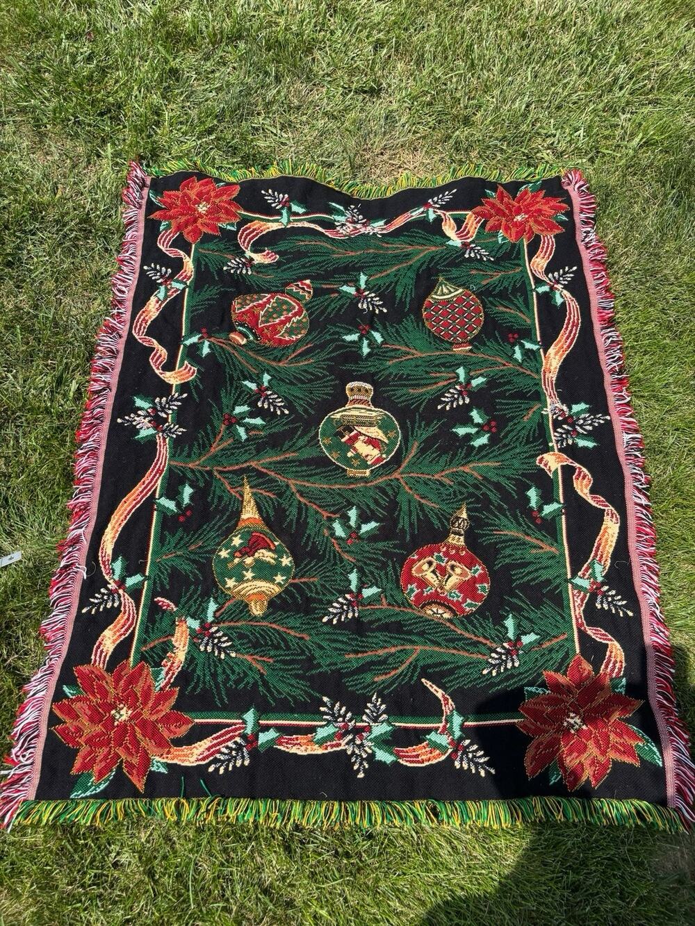 Vintage Christmas Woven Tapestry Throw Blanket Poinsettia Ornament Fringe 57x45